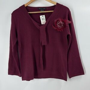 Bette Sung NWT burgundy sweater V neck soft cozy feather bead detail pin